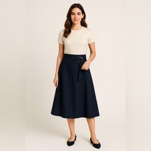 Club Monaco Navy Blue Belted A Line Midi Skirt Sz 00 NWT